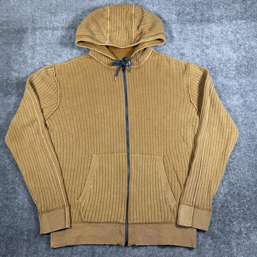 32 Bar Blues Sweater Jacket Men's Large Yellow Ribbed Full Zip Hooded
